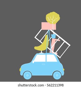 Relocation with car. Vector illustration.