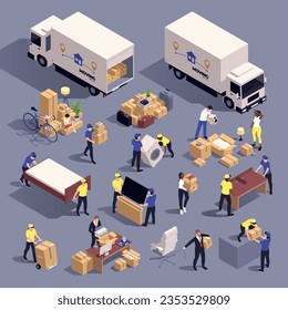 Relocation Unternehmen und Umzug Service isometrische Symbole mit Menschen Umzug von Waren einzelne Vektorgrafik