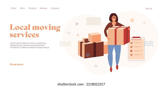 Relocation concept in flat vector design. Smiling woman packing and holding cardboard box or postal parcel. Delivery and shipping illustration. Web banner layout template