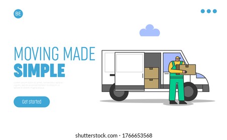 Relocation, delivery and move concept. Deliver worker of moving service unload cardboard boxes from car truck. Web landing page design for shipping company. Flat vector illustration