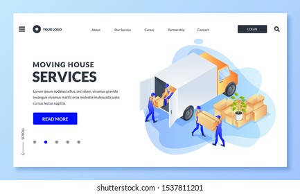 Relocation, delivery and move concept. Workers of moving service load cardboard boxes into truck. Vector 3d isometric illustration for web landing page, banner, poster design.