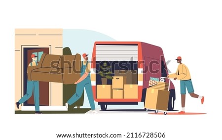 Relocation or delivery service worker loaders loading furniture and boxes to truck. Moving to new home or apartment concept. Cartoon flat vector illustration