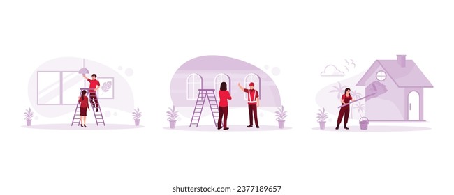 Relocation and DIY concept. Supervise the house being repaired by the contractor. Paint using a paint roller. Home Renovation concept. Set Trend Modern vector flat illustration