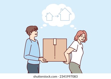 Relocation of happy couple carrying box while moving and thinking about mortgaged house. Man and woman are moving from small housing to large one standing near dialogue cloud with outlines cottages