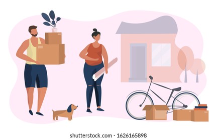 Relocation and home moving. Happy Family Carrying Boxes Into New Home. Husband and pregnant wife holding boxes with house stuff and flowers. Moving paper boxes, books and bicycle. Vector Illustration