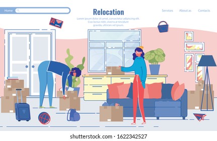 Relocation and Home Moving Service Landing Page Design. Packages Delivery Online Order. Cartoon Young Family Man and Woman with Lots of Cupboard Boxes in Living Room. Vector Flat Illustration