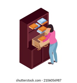 Relocation icon with woman taking books from shelf and putting them into cardboard box isometric vector illustration