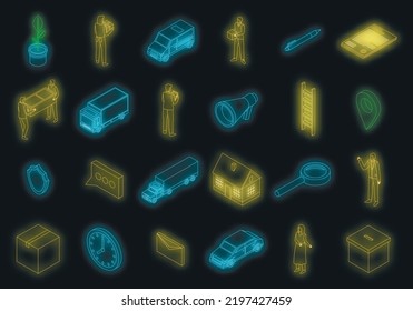 Relocation icons set. Isometric set of relocation vector icons neon color on black