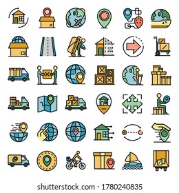 Relocation icons set. Outline set of relocation vector icons thin line color flat on white