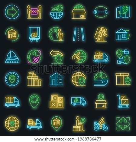 Relocation icons set. Outline set of relocation vector icons neoncolor on black