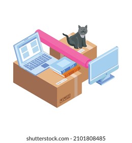 Icono isométrico de reubicación con pertenencias empacadas en cajas de cartón y ilustración vectorial de gato 3d