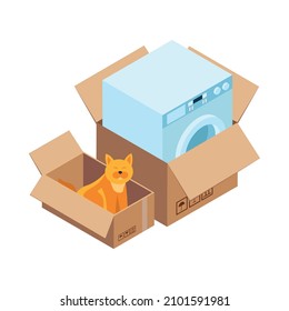 Relocation isometric icon with washing machine and cat sitting in cardboard box 3d vector illustration