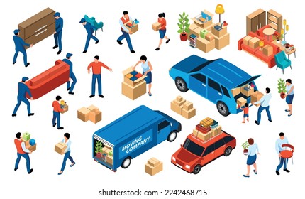 Relocation isometric set with moving families and movers in uniform carrying furniture and boxes isolated 3d vector illustration