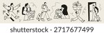 Relocation and migration doodle people illustration set showing moving abroad, travel journey, documents, luggage, maps and new life transition.