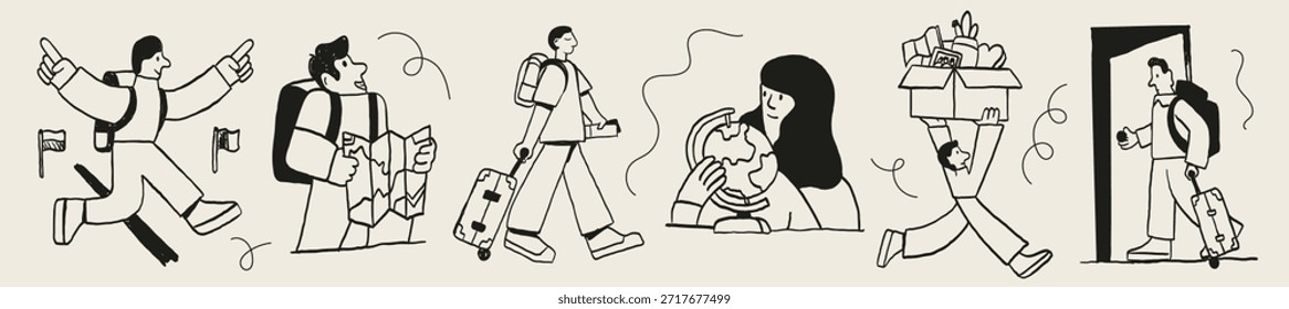 Realocação e migração rabiscam o conjunto de ilustrações das pessoas mostrando a mudança para o exterior, viagem de viagem, documentos, bagagem, mapas e nova transição de vida.