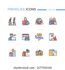 Relocation - moderne Design-Symbole. Arten der Migration Idee. Farbige Bilder von Flüchtlingen, Familie mit Koffern, neues Haus in einer Stadt oder einem Dorf, Flug, Reisepass, neuer Arbeitsplatz