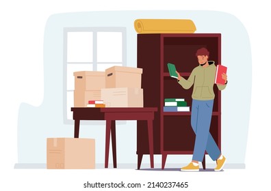 Relocation and Move to New House Concept. Young Male Character Moving into New Home, Man Unpacking or Packing Cardboard Boxes with Books and Stuff for Moving. Cartoon People Vector Illustration