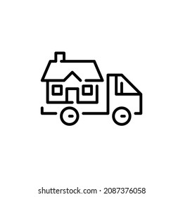 Relocation and moving houses icon. Truck carrying a house. Pixel perfect, editable stroke icon