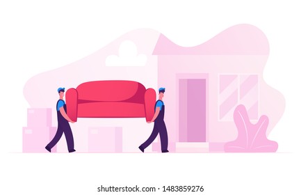 Relocation and Moving into New House. Workers Carry Sofa. Professional Furniture Delivery Company Loader Service. Two Male Deliverymen Wearing Uniform Carrying Couch. Cartoon Flat Vector Illustration