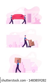 Relocation and Moving into New House Concept Set with Workers Carry Cardboard Boxes and Furniture Using Trolley and Truck. Professional Delivery Company Loader Service Cartoon Flat Vector Illustration