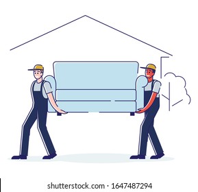 Relocation and Moving into New House. Workers Carry Sofa. Professional Furniture Delivery Company Loader Service. Deliverymen Wearing Uniform Carrying Couch. Cartoon Flat Vector Illustration, Line Art