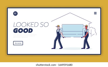 Relocation and Moving into New House Website Landing Page. Workers Carry Sofa. Professional Furniture Delivery Company Loader Service Web Page Banner. Cartoon Flat Vector Illustration, Line Art