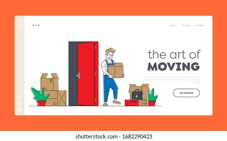 Relocation and Moving into New House Landing Page Template. Worker Male Character Carry Cardboard Box to Apartment. Professional Delivery Shipping Company Loader Service. Linear Vector Illustration