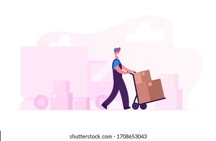 Relocation and Moving into New House. Worker Character in Medical Mask Push Trolley with Cardboard Box Unloading Truck. Delivery Company Loader Service at Covid19 Pandemic. Cartoon Vector Illustration