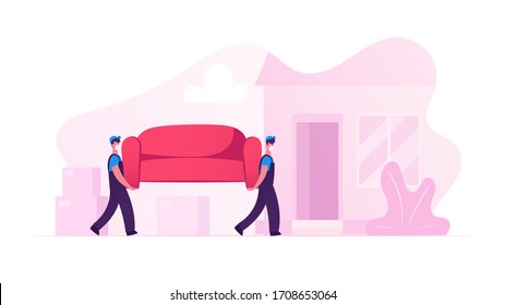 Relocation And Moving Into New House. Workers Characters In Medical Mask Carry Sofa. Professional Furniture Delivery Company Loader Service. Loaders Carrying Couch. Cartoon People Vector Illustration