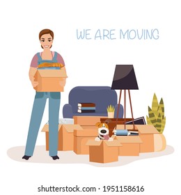 Reubicación y mudándose a una casa nueva. Trabajador con cajas de embalaje. Empresa de entrega. Ilustración vectorial.