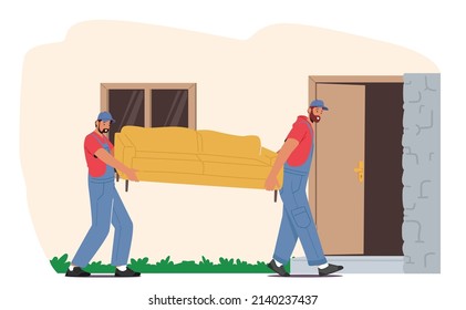 Relocation And Moving Into New House Concept. Workers Characters Carry Sofa. Professional Furniture Delivery Company, Loader Service, Loaders Carrying Couch. Cartoon People Vector Illustration