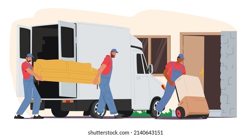 Relocation and Moving into New House Concept. Worker Characters Push Trolley with Cardboard Boxes and Carry Sofa Unloading Cargo Truck. Delivery Company Loader Service. Cartoon Vector Illustration