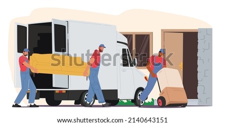 Relocation and Moving into New House Concept. Worker Characters Push Trolley with Cardboard Boxes and Carry Sofa Unloading Cargo Truck. Delivery Company Loader Service. Cartoon Vector Illustration
