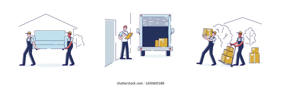 Relocation And Moving To New House Set With Workers Carry Cardboard Boxes And Furniture Using Trolley And Truck. Professional Delivery Company Loader Service. Cartoon Vector Illustration, Line Art