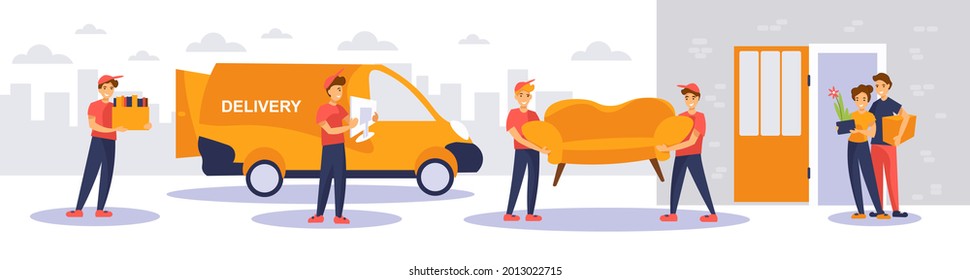 Relocation, Moving To New House. Two Deliverymen Carrying Sofa. Movers Carry Boxes And Furniture Out Of The Delivery Truck. Family Couple Waiting At The Door. Flat Cartoon Style. White Background.