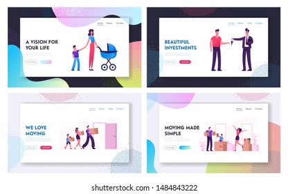 Relocation and Moving to New House Website Landing Page Set. Web Page Banner. Man Selling or Renting House to Couple with Children, Happy Family Carry Boxes to Home Cartoon Flat Vector Illustration