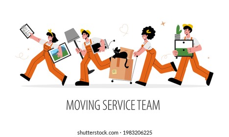 Relocation or moving service concept. Group of people in uniform help to move quickly and efficiently.Men and women workers carry boxes and furniture. Vector illustration.