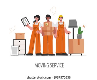 Relocation or moving service concept. Group of caucasian,african-american people in uniform help to move.Friendly Male and female workers carry boxes and furniture. Vector illustration.