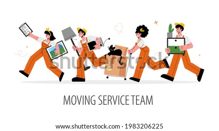 Relocation or moving service concept. Group of people in uniform help to move quickly and efficiently.Men and women workers carry boxes and furniture. Vector illustration.
