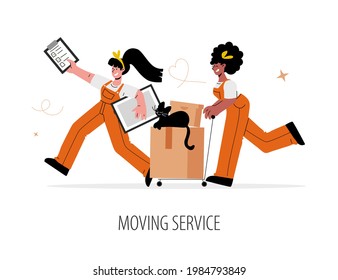 Relocation or moving service concept. Two people in uniform help to move quickly and efficiently. Female workers carry boxes and furniture. Vector illustration.