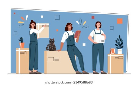 Relocation or moving service concept. Women carry boxes of objects and furniture to new house or apartment. Uniformed employees help move quickly and efficiently. Cartoon flat vector illustration