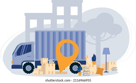 Traslado a nuevo apartamento. Embalaje de todas las cosas y transporte de las cosas por camión. Cajas, jarrones, libros, muebles, almohadas. Ilustración vectorial plana aislada