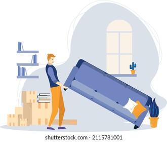 Relocation to New Apartment. The young man packed all his things and carried the sofa. Transportation of boxes to a new place. Books and flowerpots, pillows. Isolated flat vector illustration