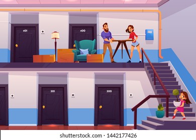 Relocation to new home cartoon vector concept. Happy family, young parents with daughter carrying furniture, plants flowerpots from rental apartments condo to new house, better dwelling illustration