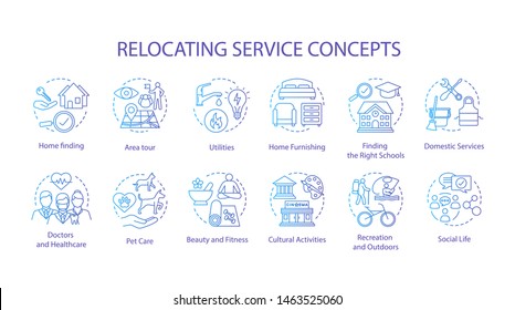 Relocation planning concept icons set. Moving house, changing dwelling place idea thin line illustration. Living conditions, social life organization. Vector isolated outline drawing. Editable stroke
