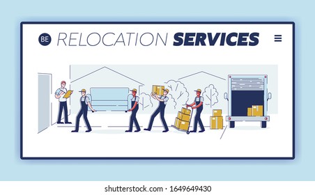 Relocation, Professional Delivery Company Loader Service and Moving to New House Website Landing Page. Workers Carry Boxes and Furniture Web Page Banner. Cartoon Flat Vector Illustration, Line Art