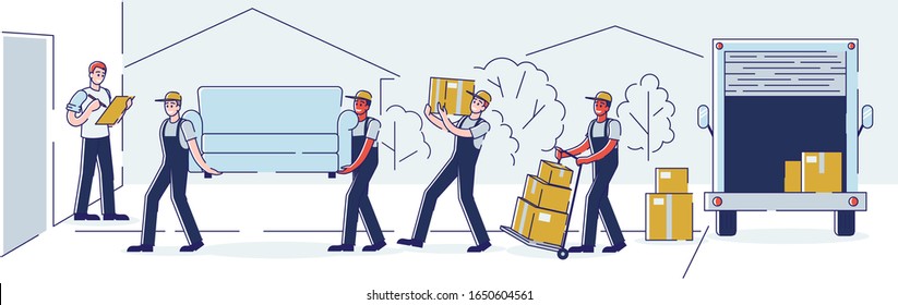 Relocation, Professional Delivery Company Loader Service and Moving to New House Concept. Workers Carry Cardboard Boxes and Furniture Using Trolley and Truck. Cartoon Vector Illustration, Line Art