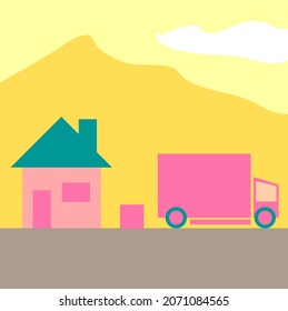 Relocation removals or delivery cartoon flat vector graphic with a small cute pink house, truck, box and landscape. 