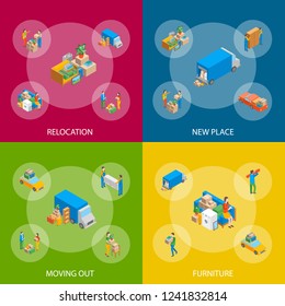Relocation Service 3d Banner Set Isometric View Include of Transportation, Shipping Box or Container Package and Storage. Vector illustration