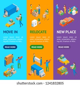 Relocation Service 3d Banner Vecrtical Set Isometric View Include of Transportation, Shipping Box or Container Package and Storage. Vector illustration